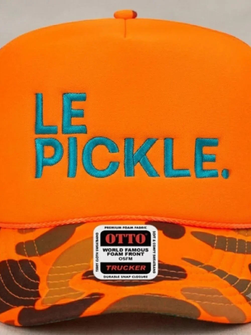 Retro Le Pickle Embroidered Foam Trucker Hat Orange Camo Rope Snapback Cap Funny